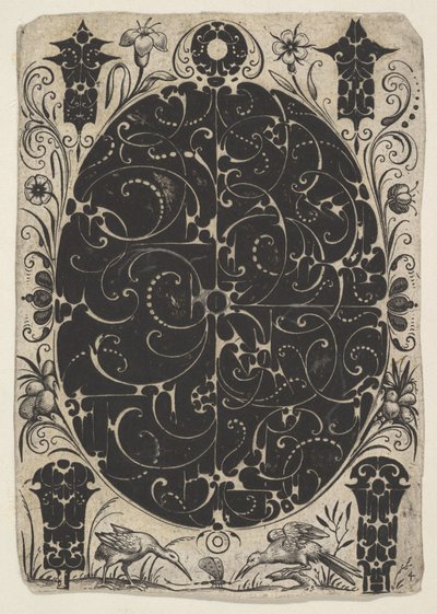 Ovales Gehäuse, verziert mit Schweifwerk in zwei Varianten, umgeben von kleineren Motiven, ca. 1614-19 von Jacques Hurtu