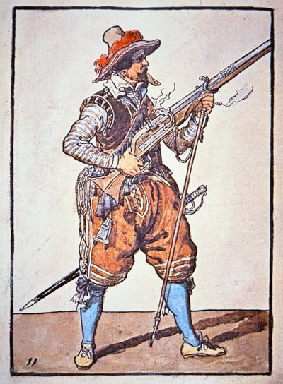 Arkebusier bewaffnet mit Luntenschlossmusketen, Illustration aus 