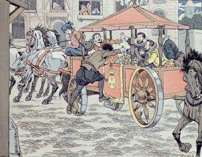 Ermordung von Henri IV durch Francois Ravaillac in der Rue de la Ferronerie am 14. Mai 1610, ca. 1900 von Jacques Marie Gaston Onfray de Breville (Job)