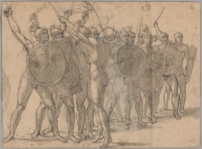 Nackte Soldaten, die mit ihren Waffen gestikulieren (recto); Zwei Draperiestudien für die Figur von Tatius (verso) von Jacques Louis David