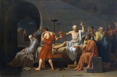 Selbstmord von Sokrates, antiker griechischer Philosoph (5. Jahrhundert v. Chr.), musste nach Anklage wegen Gottlosigkeit und Jugendverderbnis Schierling trinken von Jacques Louis David