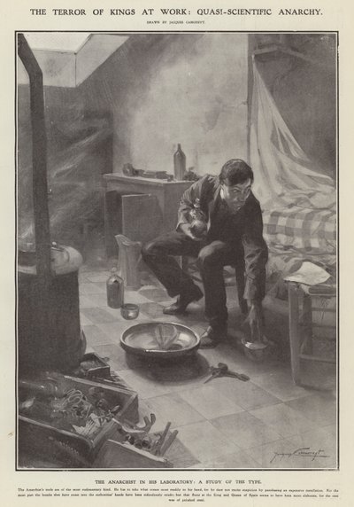Der Schrecken der Könige bei der Arbeit: quasi-wissenschaftliche Anarchie (Lithographie) von Jacques Marie Omer Camoreyt