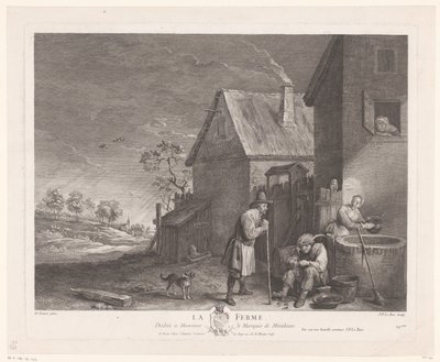 Zwei Männer und eine Frau vor dem Brunnen bei einem Bauernhof (La Ferme) von Jacques Philippe Le Bas