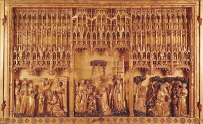 Altarbild der Heiligen und Märtyrer, zentrale Tafel die Enthauptung von Johannes dem Täufer, das Martyrium der Heiligen Katharina von Alexandria und der Heiligen Barbara und die Versuchung des Heiligen Antonius, ca. 1391 von Jacques de Baerze or Baers