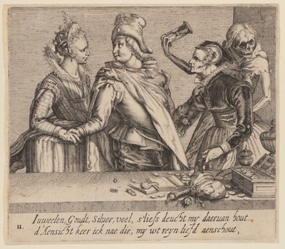 Ein junger Mann zwischen einer jungen Frau und einer alten Frau, aus Ungleiche Liebhaber von Jacques de Gheyn II
