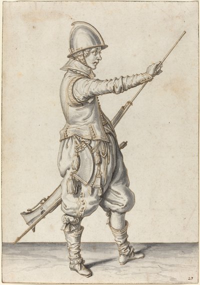 Elegant gekleideter Soldat, der sein Kaliber stopft von Jacques de Gheyn II