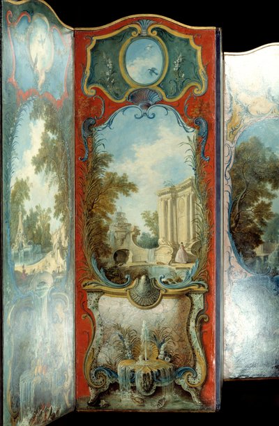 Möbel: bemalter Paravent auf Marouflé-Papier von Jacques de Lajoue von Jacques de Lajoüe