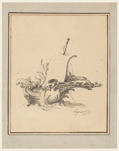 Entwurf für ein Wappen in Form eines Bootes mit Segel, für Recueil Nouveau de Differens Cartouches, 1734 von Jacques de Lajoüe