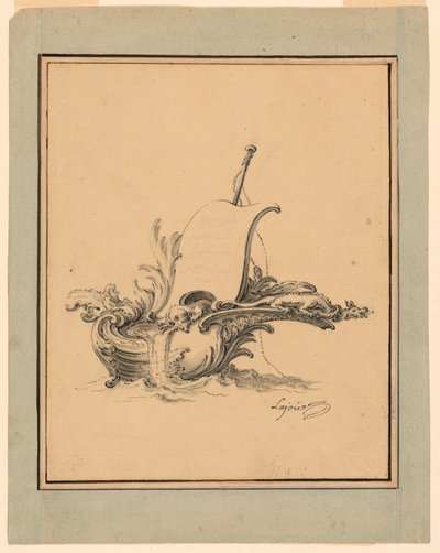 Entwurf für ein Wappen in Form eines Bootes mit Segel, für Recueil Nouveau de Differens Cartouches, 1734 von Jacques de Lajoüe