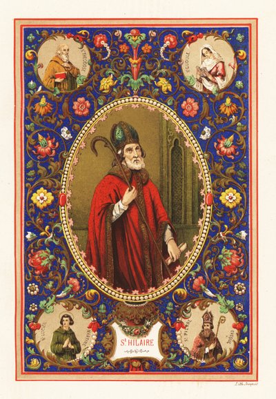 Porträt des Heiligen Hilarius, Bischof von Poitiers, mit Mitra und Krummstab, innerhalb eines dekorativen Rahmens aus Laub von Jacquet Jacquet