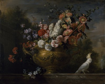 Stillleben mit Blumen in einer Urne, mit einem Kakadu, auf einem Sims, ca. 1699 von Jakob Bogdani or Bogdany