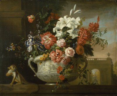 Stillleben mit Blumen in einer Urne, mit einem Affen, auf einem Sims, ca. 1699 von Jakob Bogdani or Bogdany
