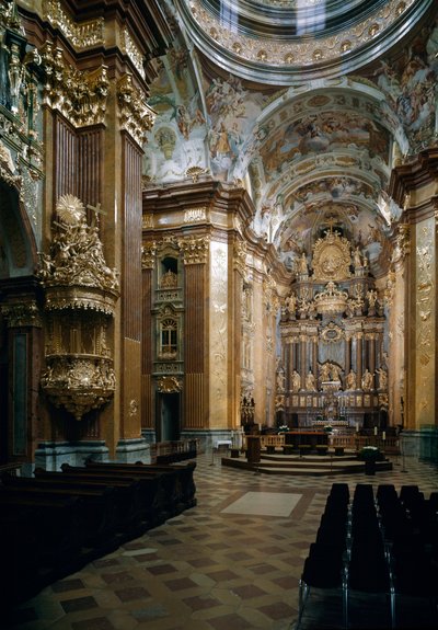 Innenansicht der Benediktinerkirche von Melk, entworfen von Architekt Jakob Prandtauer (1660-1726), Fresken von Johann Michael Rottmayr (1656-1730). Melk, Österreich von Jakob Prandtauer