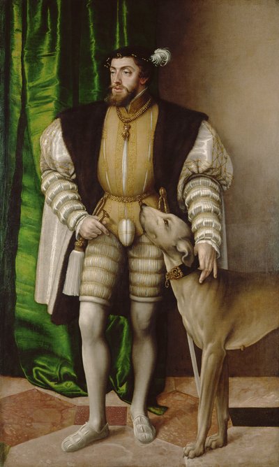 Porträt von Kaiser Karl V. mit Hund von Jakob Seisenegger