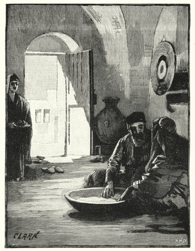 Essen aus einer gemeinsamen Schüssel, östlicher Brauch (Lithografie) von James (after) Clark