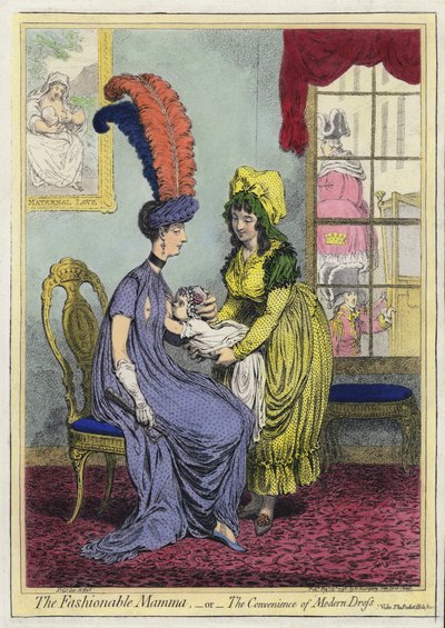 Stillen, Die modische Mama oder Die Bequemlichkeit der modernen Kleidung (Farbstich) von James (after) Gillray
