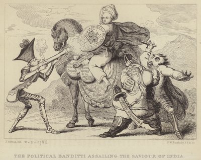 Die politischen Banditen greifen den Retter Indiens an: Warren Hastings, ehemaliger Gouverneur von Bengalen, wird von den Politikern Edmund Burke, Charles James Fox und Lord North angegriffen von James (after) Gillray