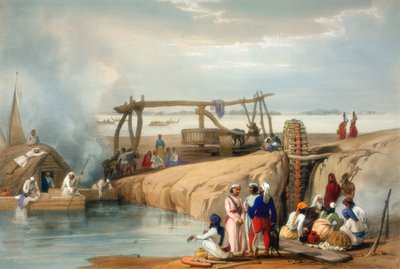 Persisches Rad, das Wasser aus dem Sutlej-Fluss hebt, Punjab, 1842 von James Atkinson
