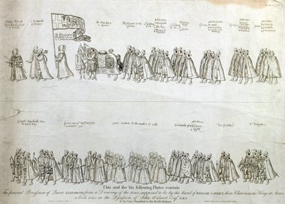 Der Trauerzug von Königin Elizabeth I., nach einer Zeichnung der Zeit, die angeblich von William Camden, dem Clarencieux King-at-Arms, stammt, graviert von James Basire (1730-1802), veröffentlicht 1791 von James Basire