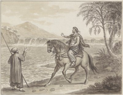 Reiter nähert sich Reisendem am Flussufer von James Bruce