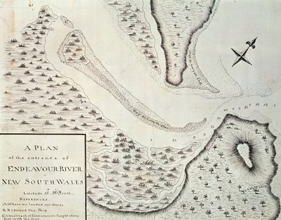 Karte des Eingangs des Endeavour River, Karte aus dem Bericht der ersten Reise unter der Leitung von James Cook (1728-1779) zwischen 1768 und 1771, Australien von James Cook