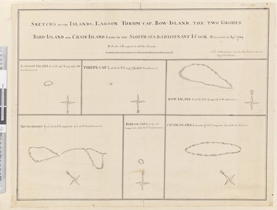 iii. Skizzen der Inseln Lagune, Thrum-Cap, Bow-Island, die Zwei Gruppen, Vogelinsel und Ketteninsel, im Süden, Meer... entdeckt im April 1769 von James Cook
