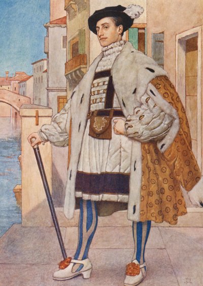 Shakespeares Der Kaufmann von Venedig: Bassanio (Farblithografie) von James Dromgole Linton