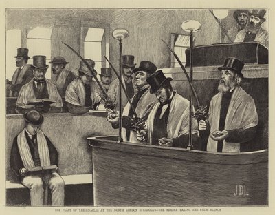 Das Laubhüttenfest in der Nordlondoner Synagoge, der Vorleser nimmt den Palmzweig von James Dromgole Linton