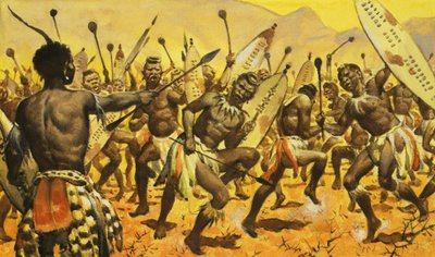 Zulu-Krieger, die von Shaka gezwungen werden, auf dornigem Boden zu tanzen von James Edwin McConnell