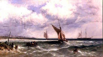 Fischerboote kommen an Land mit einem Zweimaster vor Anker dahinter von James Edwin Meadows