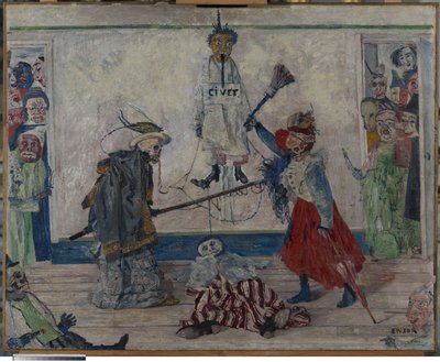Skelette kämpfen um den Körper eines Gehängten von James Ensor