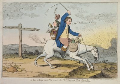 Eine Sonne, die im Nebel untergeht, mit dem alten Hannover Hack verteidigend, veröffentlicht von J. Williams im Jahr 1783 von James Gillray