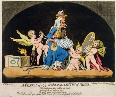 Eine Vestalin von -93 probiert den Gürtel der Venus an, veröffentlicht von Hannah Humphrey 1793 von James Gillray