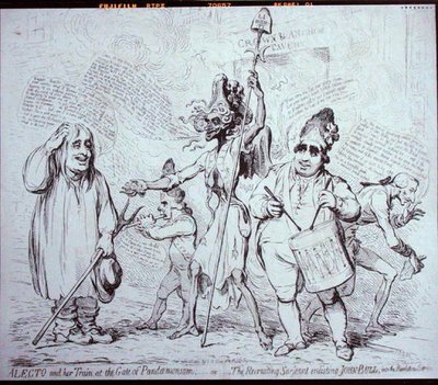 Alecto und ihr Gefolge am Tor von Pandemonium, oder Der Rekrutierungssergeant, der John Bull in den Revolutionsdienst einzieht, veröffentlicht von S.W. Fores im Jahr 1791 von James Gillray