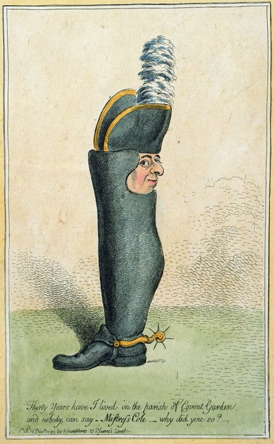Karikatur, die Colonel Justly Watson mit einem Stiefelkörper darstellt, veröffentlicht von Hannah Humphrey, 1797 von James Gillray