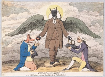 Krümel des Trostes oder der alte Orthodoxe stellt seinen gefallenen Kindern Trost wieder her, veröffentlicht 1782 (handkolorierter Stich) von James Gillray