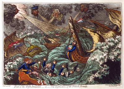 Ende der irischen Invasion - oder - Die Zerstörung der französischen Armada, James Gillray 1797. Französische Schiffe im Sturm zerstört, gesprengt von Pitt, oben links und seinen Ministern. Charles James Fox und seine Oppositionsverbündeten in Gefahr zu er von James Gillray