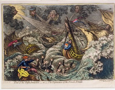 Ende der irischen Invasion oder Die Zerstörung der französischen Armada, veröffentlicht von Hannah Humphrey 1797 von James Gillray