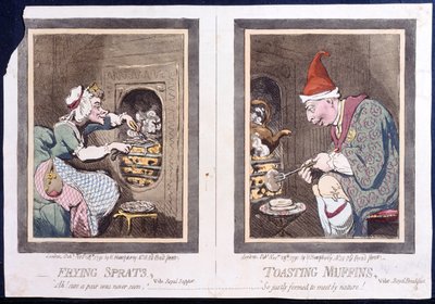 Sprotten braten, oder königliches Abendessen, und Muffins toasten, oder königliches Frühstück, veröffentlicht von Hannah Humphrey im Jahr 1791 (handkolorierte Radierung) von James Gillray
