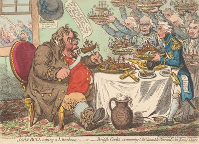 John Bull nimmt ein Mittagessen zu sich; - oder - Britische Köche stopfen den alten Murrmagen mit guter Kost voll (aus: Karikatur, Bd. 1) von James Gillray