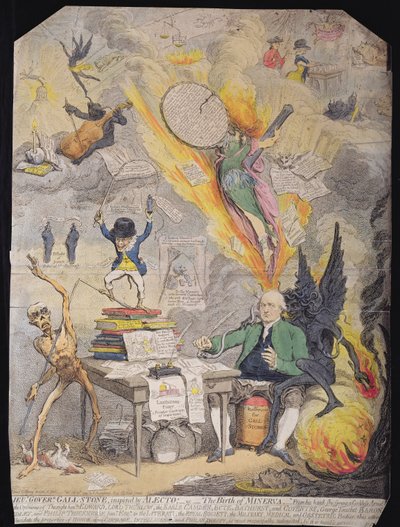 Leutnant Gouverneur Gall-Stone, inspiriert von Alecto, oder Die Geburt der Minerva, veröffentlicht von Hannah Humphrey 1790 (Radierung mit Aquatinta) von James Gillray