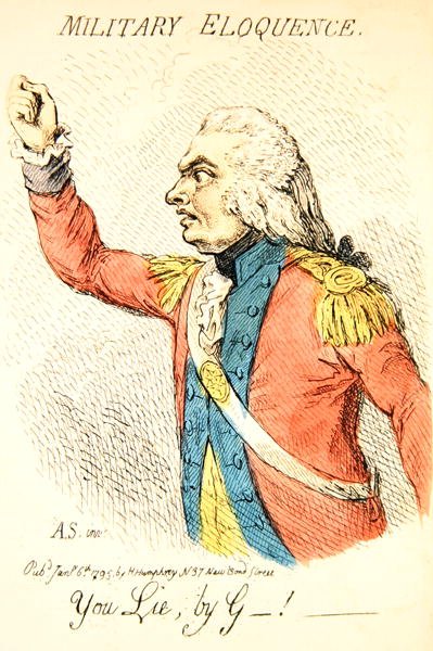 Militärische Redekunst, eine von acht Vignetten, die verschiedene Arten der Redekunst darstellen, veröffentlicht von Hannah Humphrey im Jahr 1795 (Detail) von James Gillray