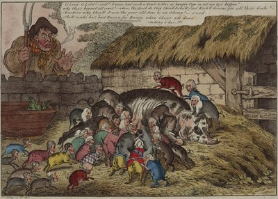 Mehr Schweine als Zitzen, oder die neue Wurf hungriger Grunzer, die John Bulls alte Sau zu Tode saugen, 9. Mai von James Gillray