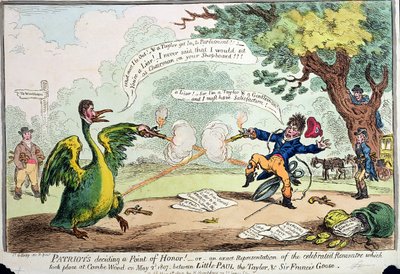 Patrioten entscheiden eine Ehrensache! oder Eine genaue Darstellung des Treffens, das am 2. Mai 1807 in Coombe Wood zwischen Little Paul dem Schneider und Sir Francis Goose stattfand, veröffentlicht von Hannah von James Gillray