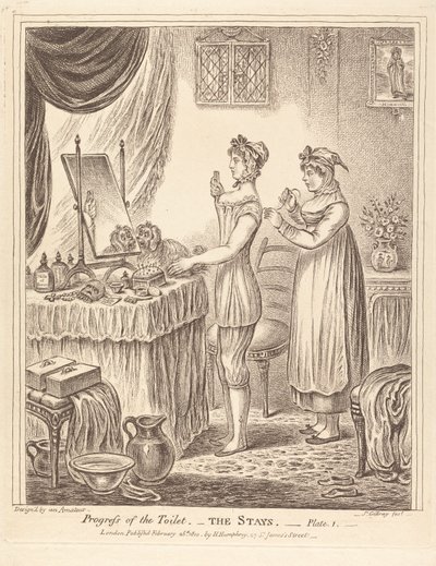 Fortschritt der Toilette - Das Korsett, Tafel I von James Gillray
