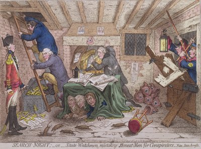 Suchnacht oder die Staatswächter verwechseln ehrliche Männer mit Verschwörern, veröffentlicht von Hannah Humphrey in 1798 von James Gillray