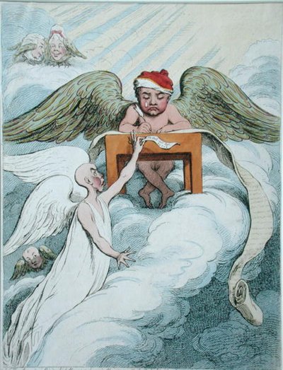 Der anklagende Geist und der aufzeichnende Engel, veröffentlicht von Hannah Humphrey im Jahr 1791 von James Gillray