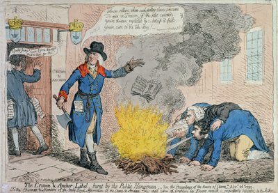 Die Crown und Anchor Verleumdung verbrannt vom öffentlichen Henker, veröffentlicht von Hannah Humphrey 1795 von James Gillray