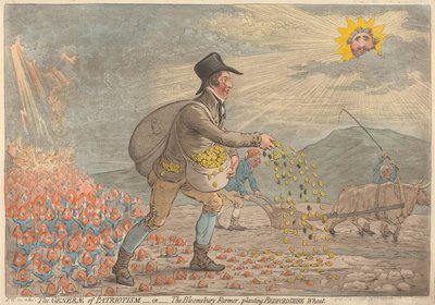 Der General des Patriotismus - oder - der Bloomsbury-Bauer beim Pflanzen von Bedfordshire-Weizen von James Gillray