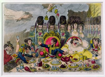Die Handschrift an der Wand, veröffentlicht von Hannah Humphrey in 1803 (handkolorierte Radierung) von James Gillray